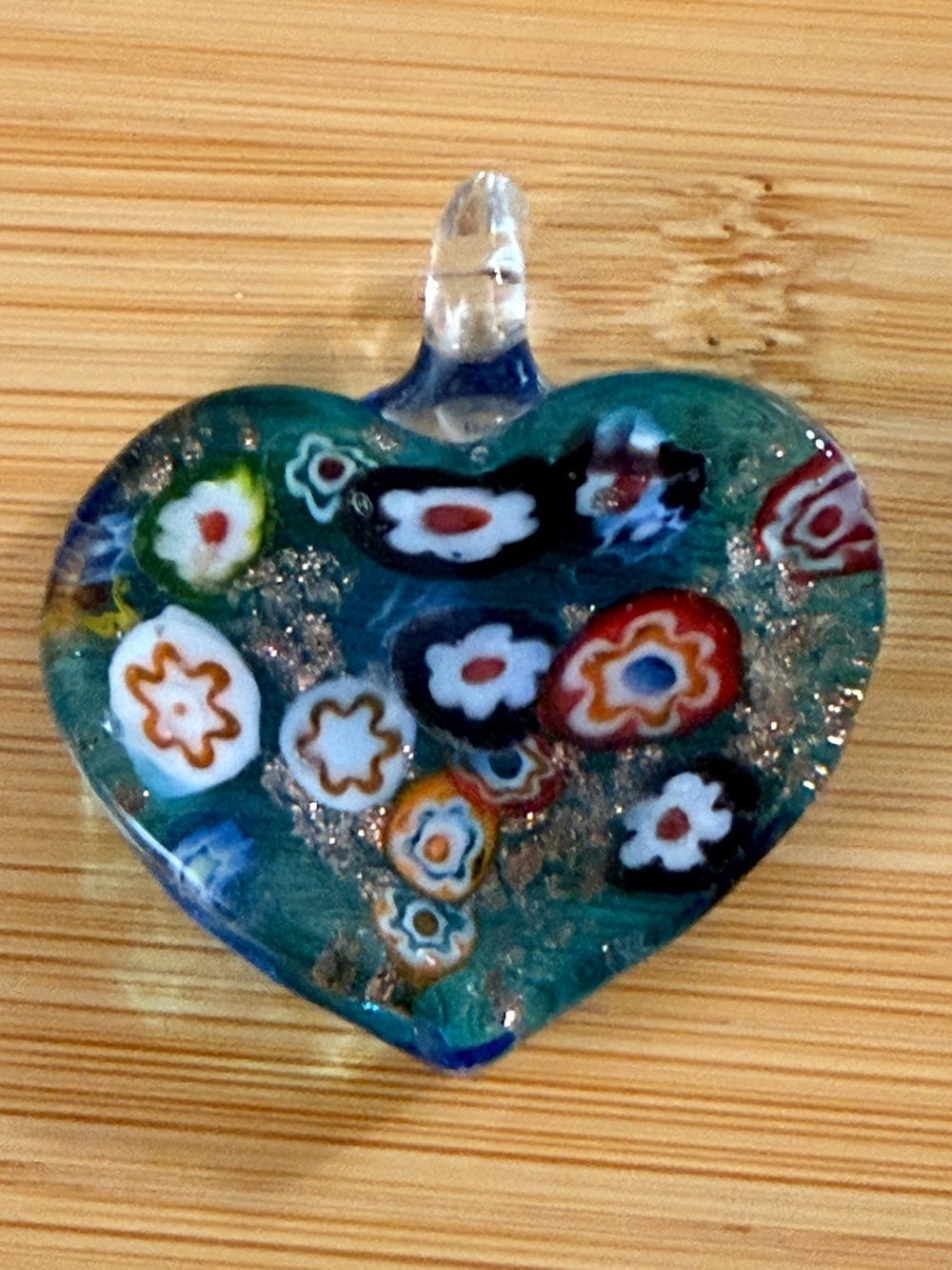 Handmade Teal Millefiori Glass Heart Pendant Necklace